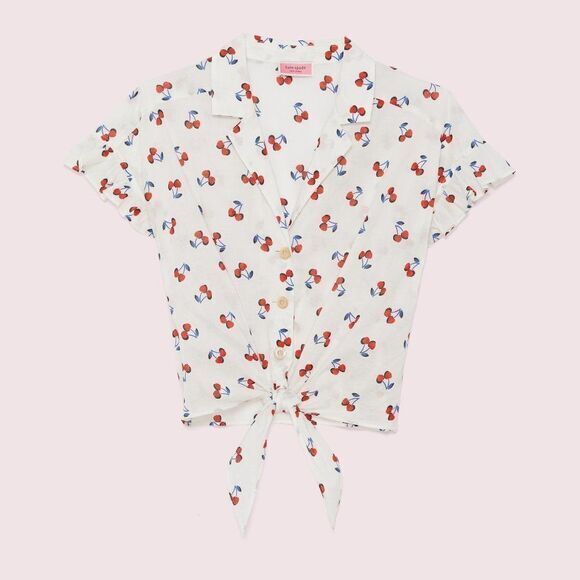 NWT kate spade Cherry toss tie-front top, French cream, all cotton - Picture 3 of 10